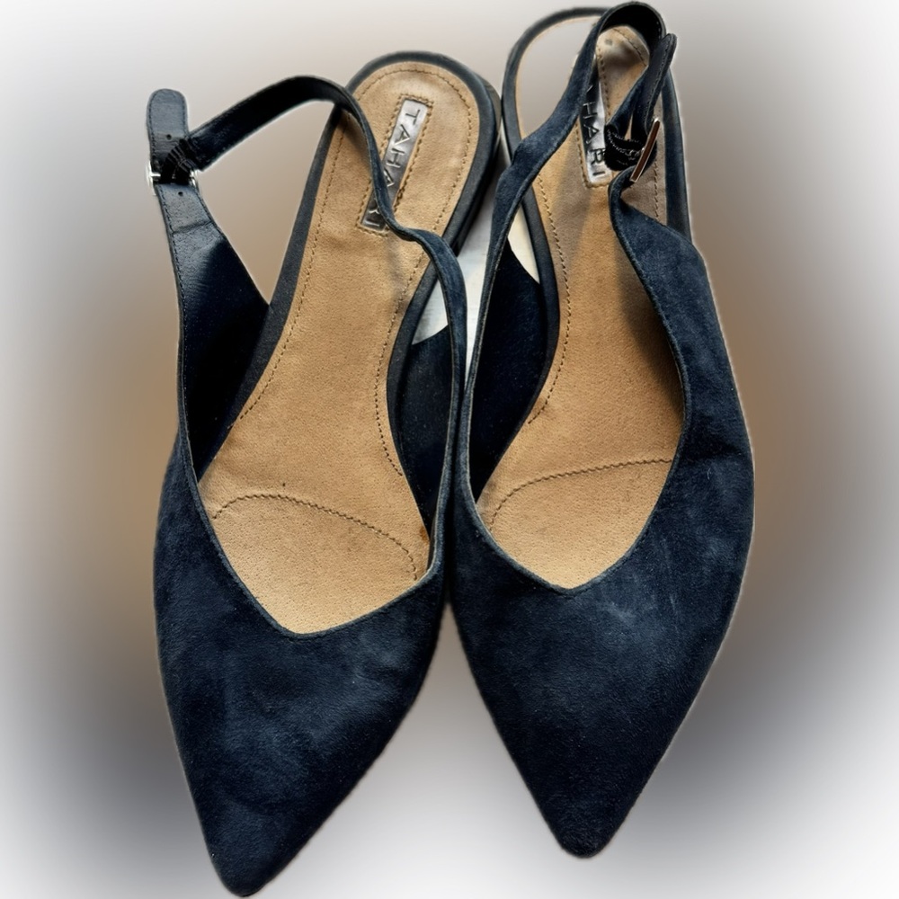 Tahari Navy Suede Edmond Slingback Flats